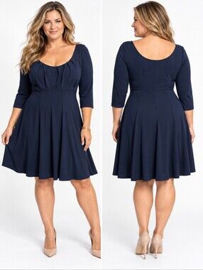 Classic Navy Scoop Neck 3/4 Sleeves Empire Pleated Bust Knit Dress Sz 14